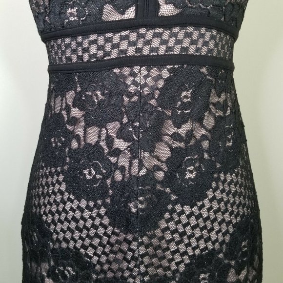 Morgan & Co Floral Black Lace Nude Bodycon Sleeveless Knee Length Dress Size 5 - Picture 3 of 7